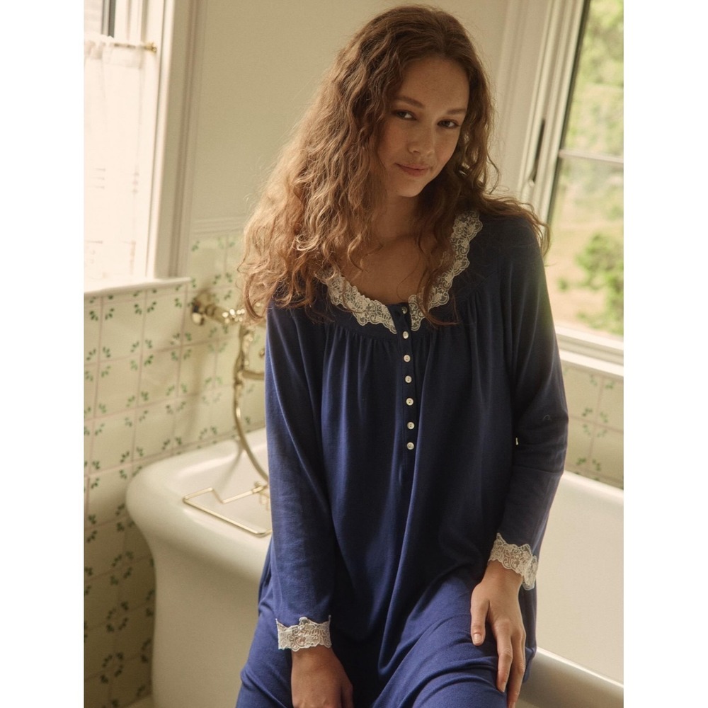 Eileen West Womens Nightgown Size Large Blue Lace Trim Long Sleeve Sleepwear